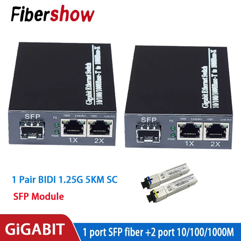 Gigabit media converter 1 port sfp to 2 rj45 gigabit optical fiber GPOn/Epon OLT ethernet for ip camera 10/100/1000M