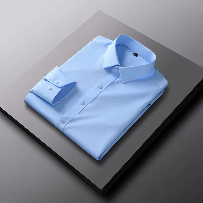 RNSHANGER Men Plain Dress Shirts Casual No-Ironing Solid Long Sleeved Shirt White Black Gray Red Male Social Formal Shirts