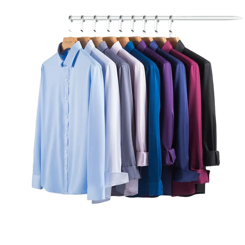 RNSHANGER Men Plain Dress Shirts Casual No-Ironing Solid Long Sleeved Shirt White Black Gray Red Male Social Formal Shirts
