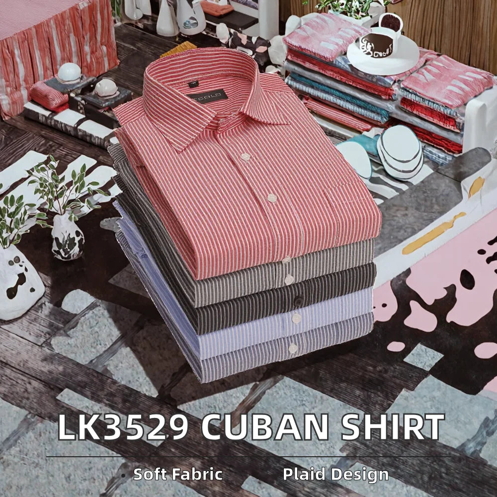 LK3529 Customized Short Sleeve Casual Shirt with Stand Cuban Collar Broadcloth Fabric for Summer with Custom Logo Knitted