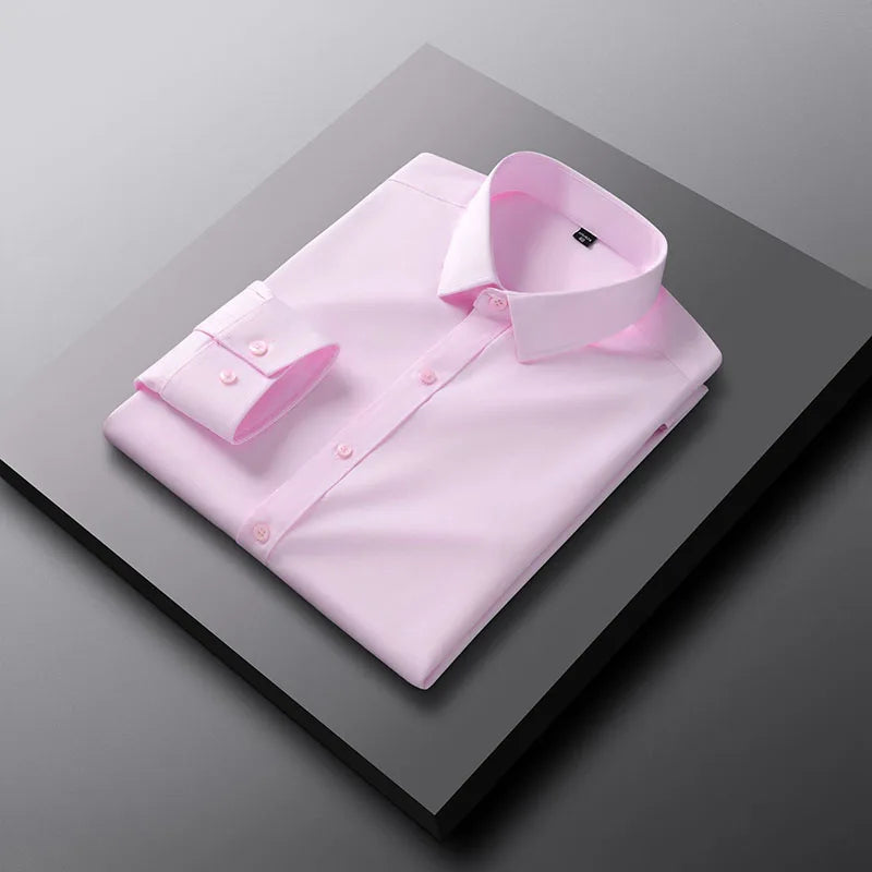 RNSHANGER Men Plain Dress Shirts Casual No-Ironing Solid Long Sleeved Shirt White Black Gray Red Male Social Formal Shirts