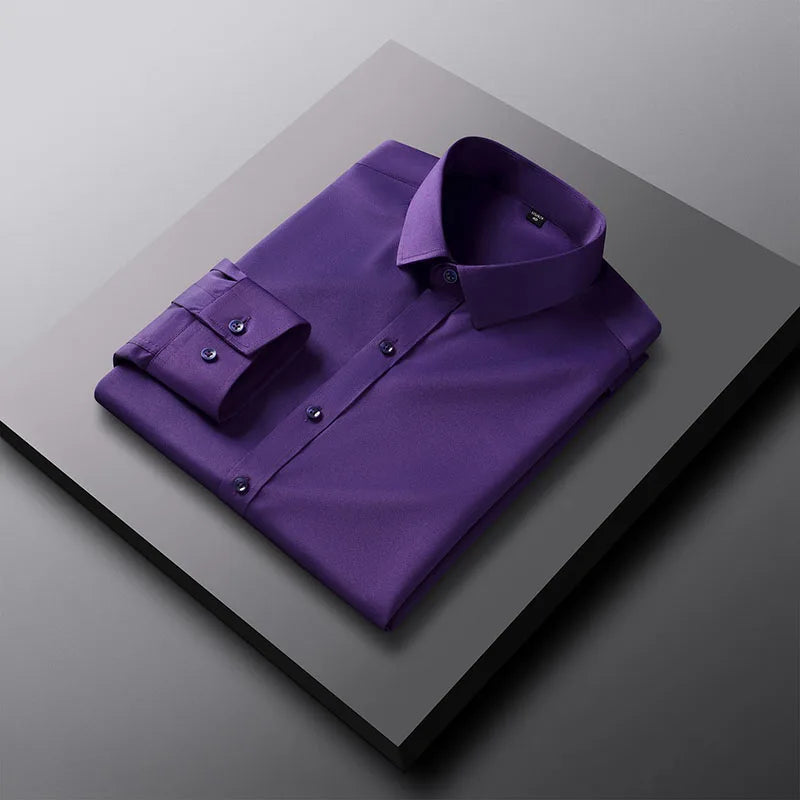 RNSHANGER Men Plain Dress Shirts Casual No-Ironing Solid Long Sleeved Shirt White Black Gray Red Male Social Formal Shirts