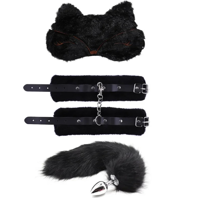 Adjustable Leather Handcuffs Soft Blindfold Bondage Set Anal Plug Adult Toy For Women Men Couples Game
