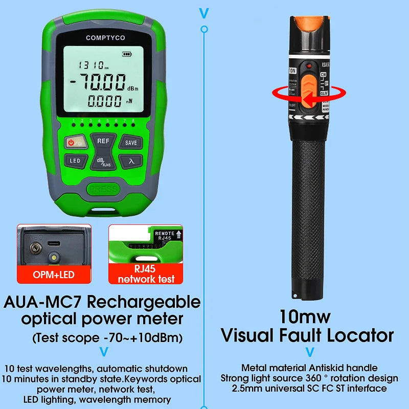 Fiber Optic Tool Kit with AUA-6C Fiber Cleaver -70+10dBm/-50+26dBm 3 in 1 Mini Optical Power Meter 10Mw Visual Fault Locator