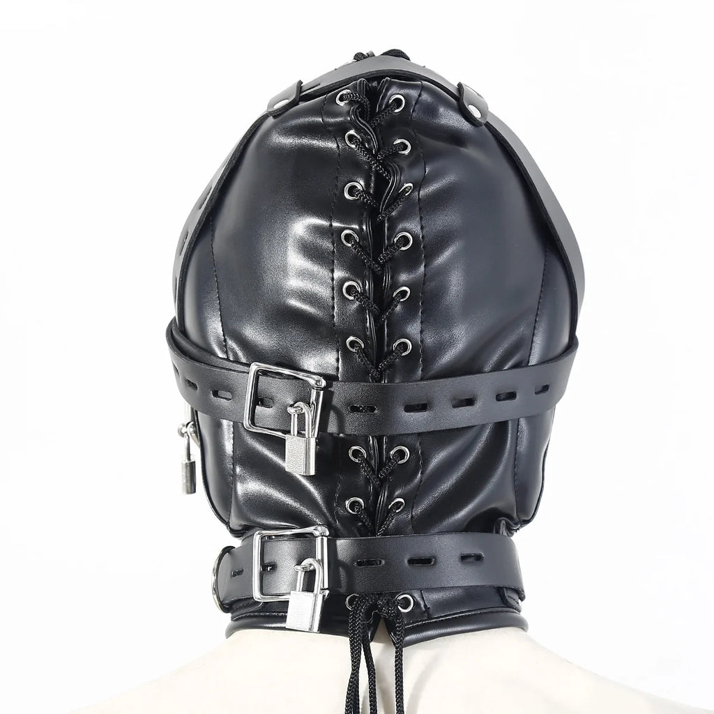 BDSM Adult Cosplay Games PU Leather Black Mask Hood Halloween Party Bondage Face Cover Sexy Fetish Full Head Hood With Lock