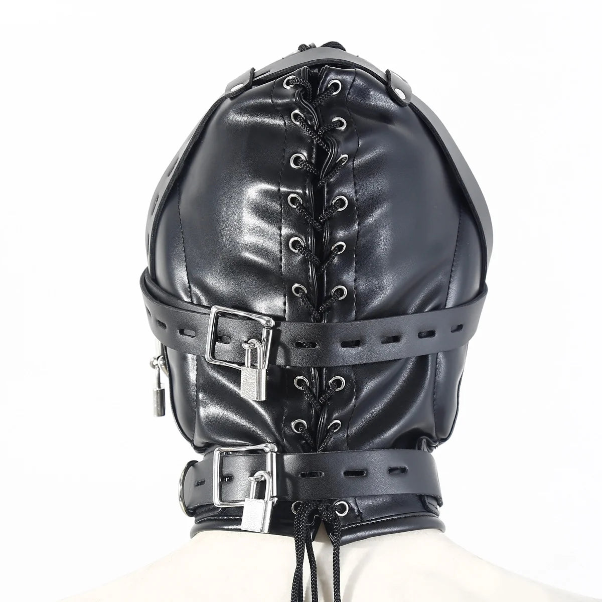 BDSM Adult Cosplay Games PU Leather Black Mask Hood Halloween Party Bondage Face Cover Sexy Fetish Full Head Hood With Lock
