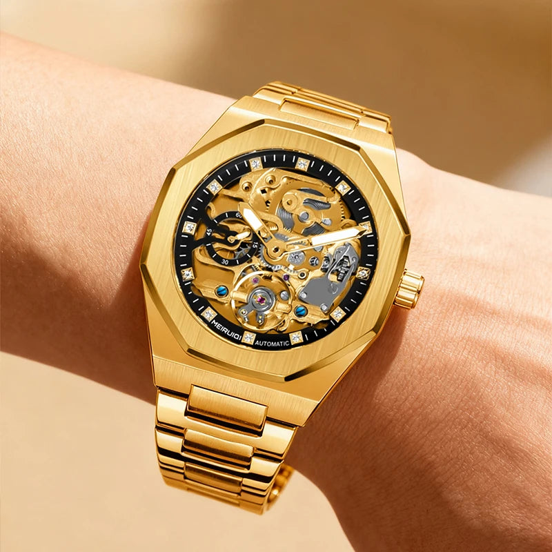A men's yellow and black party style minimalist scale fully automatic hollow mechanical watch