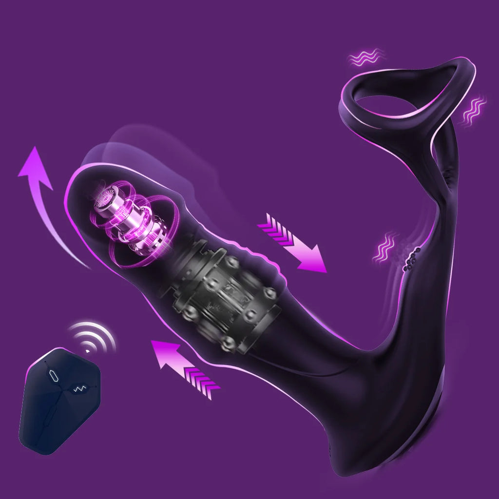 9 Wiggling Swaying Vibrating Anal Vibrator with Cock Ring Thrusting Prostate Massager 3 Powerful Motors Butt Plug