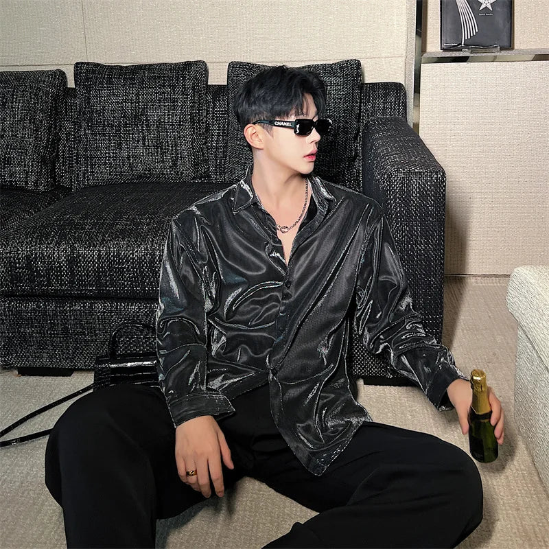 Fashion Future Sense Liquid Metal Polarized Light Shiny Long Sleeve Shirt Men Night Club Elegant Casual Shirts Stage Costume