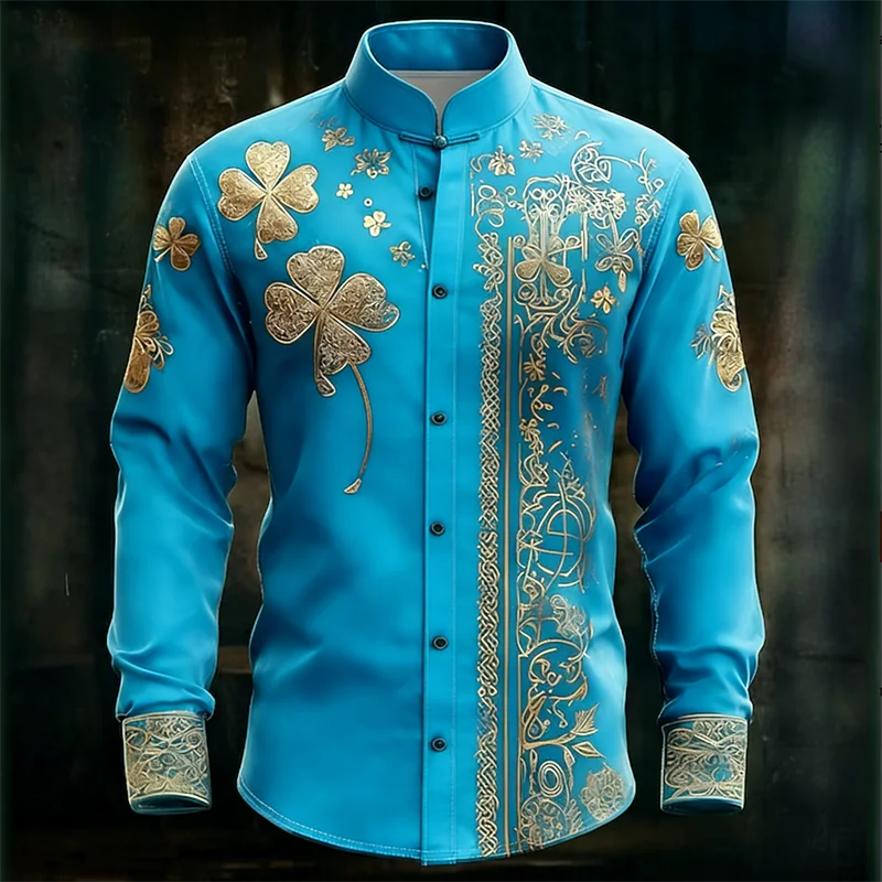 New men's long sleeved shirt with gold clover rack print, fashionable and luxurious long sleeved shirt top
