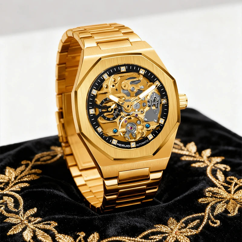 A men's yellow and black party style minimalist scale fully automatic hollow mechanical watch