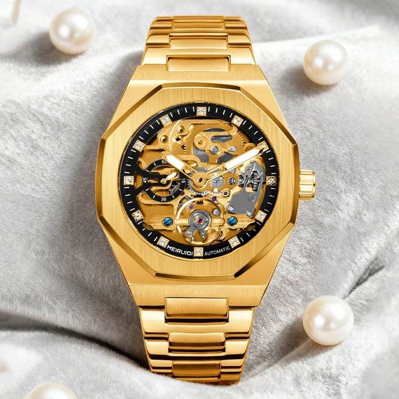 A men's yellow and black party style minimalist scale fully automatic hollow mechanical watch