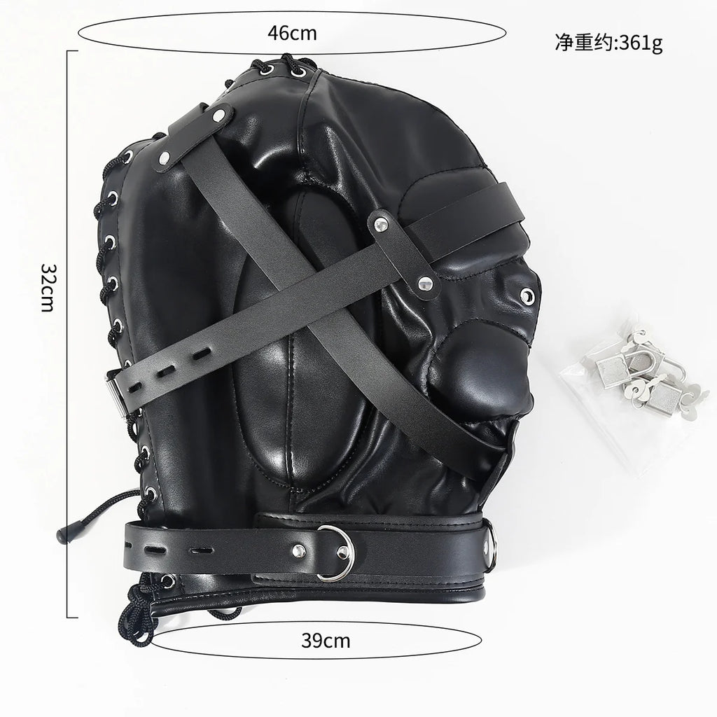 BDSM Adult Cosplay Games PU Leather Black Mask Hood Halloween Party Bondage Face Cover Sexy Fetish Full Head Hood With Lock