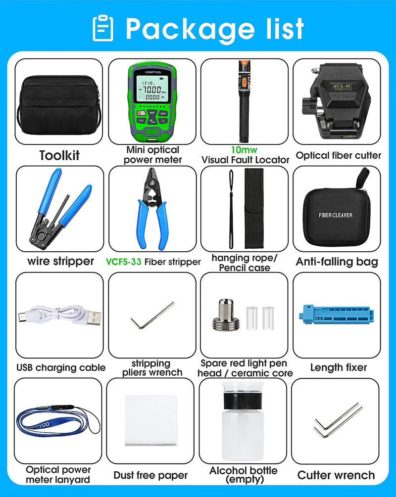 Fiber Optic Tool Kit with AUA-6C Fiber Cleaver -70+10dBm/-50+26dBm 3 in 1 Mini Optical Power Meter 10Mw Visual Fault Locator