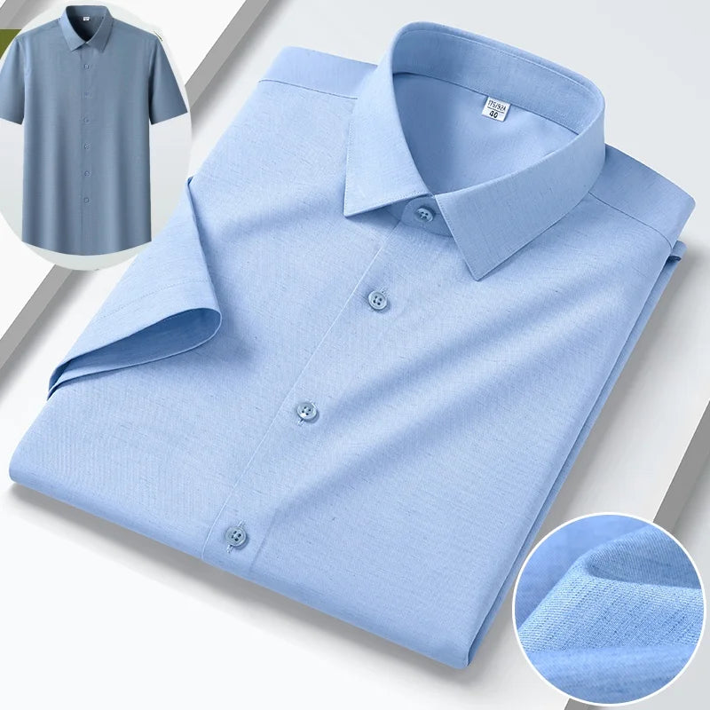 Modal 23.2% Linen 7.8% Polyester67.5% Spandex1.7% Anti-wrinkle Men's Shirts Long Sleeve Casual Short Sleeve Shirts for Men White