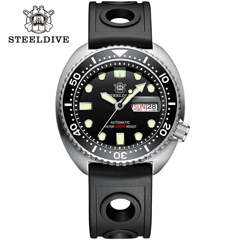 STEELDIVE Brand SD1972 45mm Sapphire Glass MH36 Automatic Movement Black Dial Strap Day and Date Watch