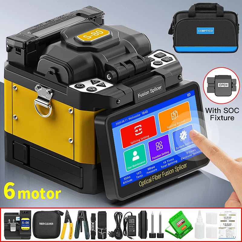 COMPTYCO 6 Motors Fiber Optic Fusion Splicer S-80/A-80S/A-80F/A-10 FTTH Optical Fiber Fusion Machine Touch Screen 10 Languages