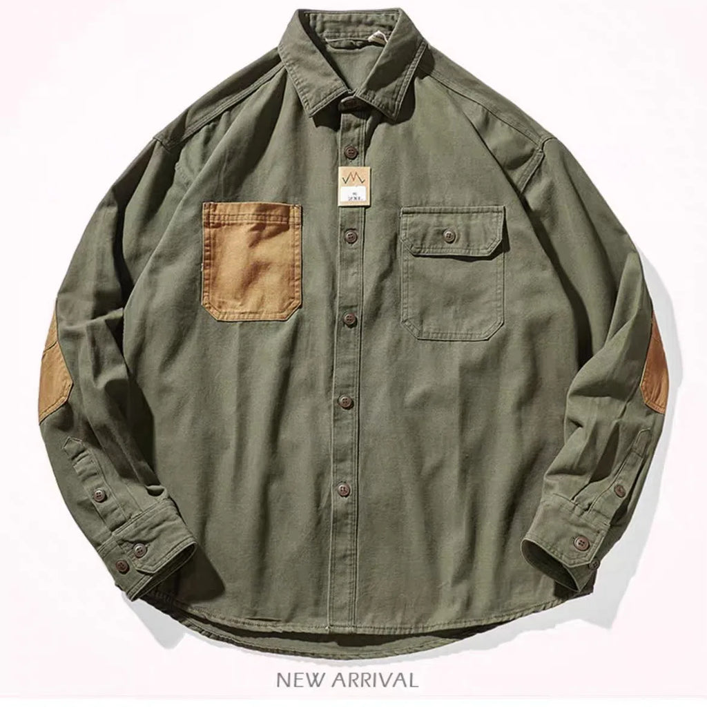 New Retro American Casual Work Shirt Men's Cardigan Jacket Contrast Color Patch Trendy Brand Handsome Long-sleeved Shirt