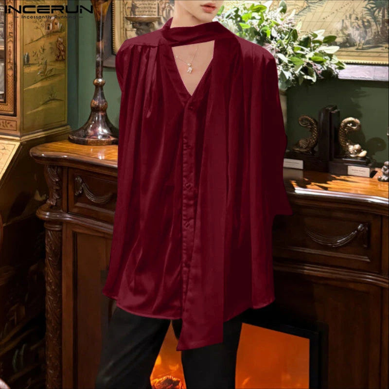 INCERUN Men Shirt Solid V Neck Long Sleeve Pleated Loose Men Clothing Streetwear Korean Style Fashion Casual Tops Male Shirts
