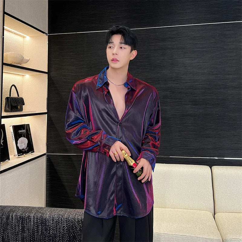 Fashion Future Sense Liquid Metal Polarized Light Shiny Long Sleeve Shirt Men Night Club Elegant Casual Shirts Stage Costume