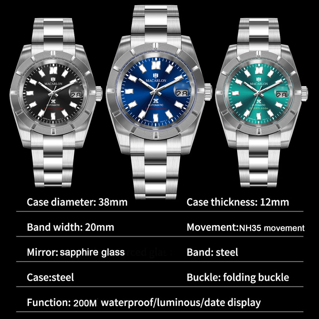 New MACARLON Design 38mm Mechanical Watch Men Sapphire Glass Luminous Stainless Steel Waterproof China NH35 Automatic Watch