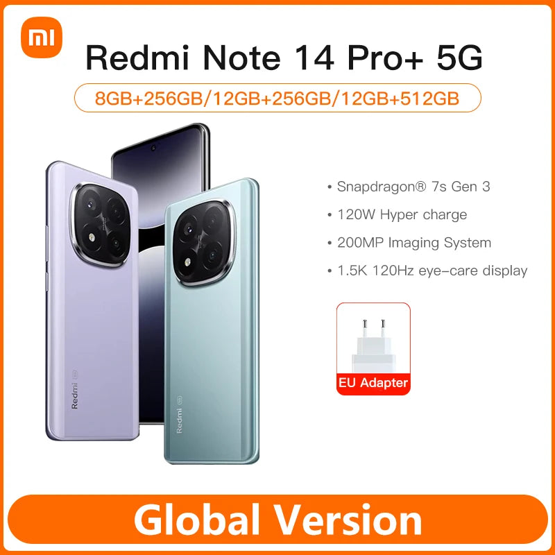 Xiaomi Redmi Note 14 Pro+ Plus 5G Global Version Cell Phone 200MP AI Camera Snapdragon 7s Gen 3 120W HyperCharge 1.5K 120Hz IP68