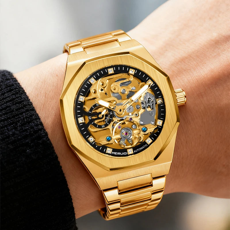 A men's yellow and black party style minimalist scale fully automatic hollow mechanical watch