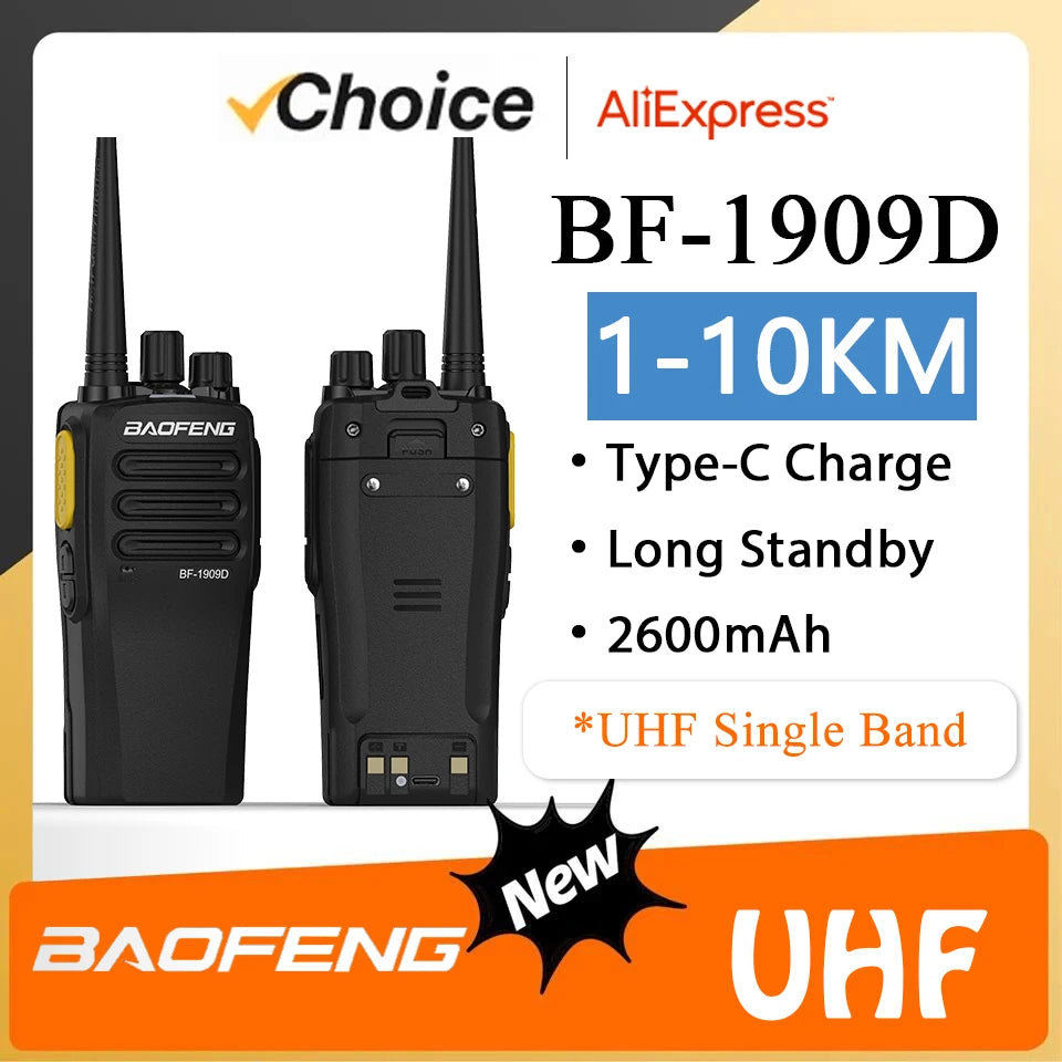 Baofeng BF 1909D Long-Range Durable Walkie Talkie Intelligent Noise Reduction UHF Two Way Radios Encryption BF-1909 Transceiver