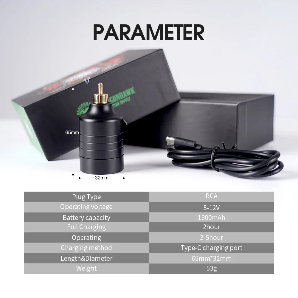 Dragonhawk Wireless Tattoo Battery Fast Charge RCA Connection Rechargeable LCD Screen Tattoo Power Supply Battery