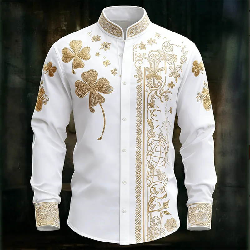 New men's long sleeved shirt with gold clover rack print, fashionable and luxurious long sleeved shirt top