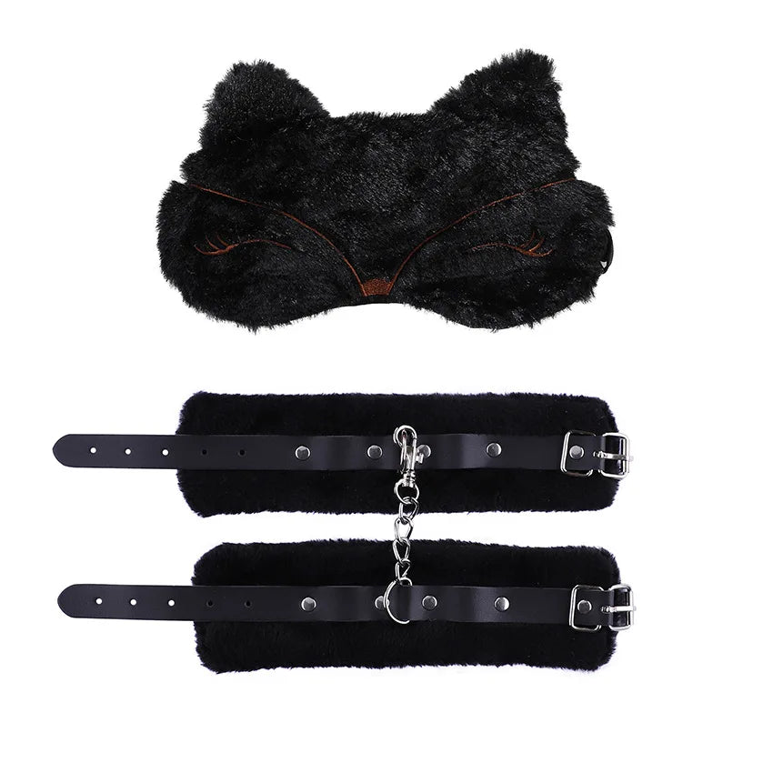 Adjustable Leather Handcuffs Soft Blindfold Bondage Set Anal Plug Adult Toy For Women Men Couples Game