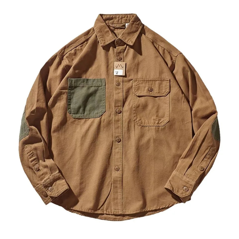 New Retro American Casual Work Shirt Men's Cardigan Jacket Contrast Color Patch Trendy Brand Handsome Long-sleeved Shirt