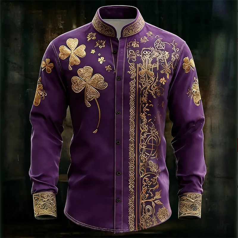 New men's long sleeved shirt with gold clover rack print, fashionable and luxurious long sleeved shirt top