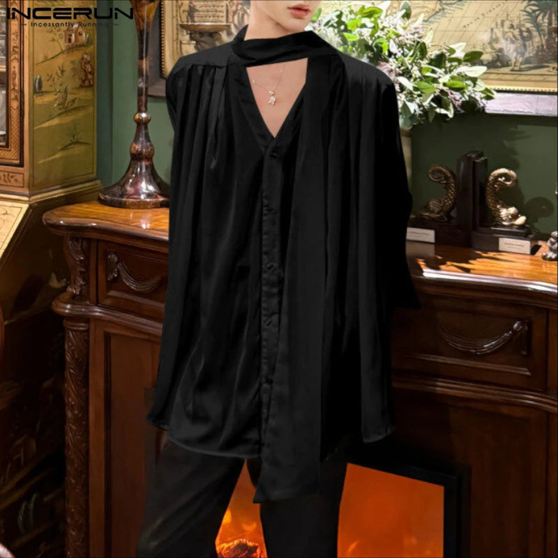 INCERUN Men Shirt Solid V Neck Long Sleeve Pleated Loose Men Clothing Streetwear Korean Style Fashion Casual Tops Male Shirts