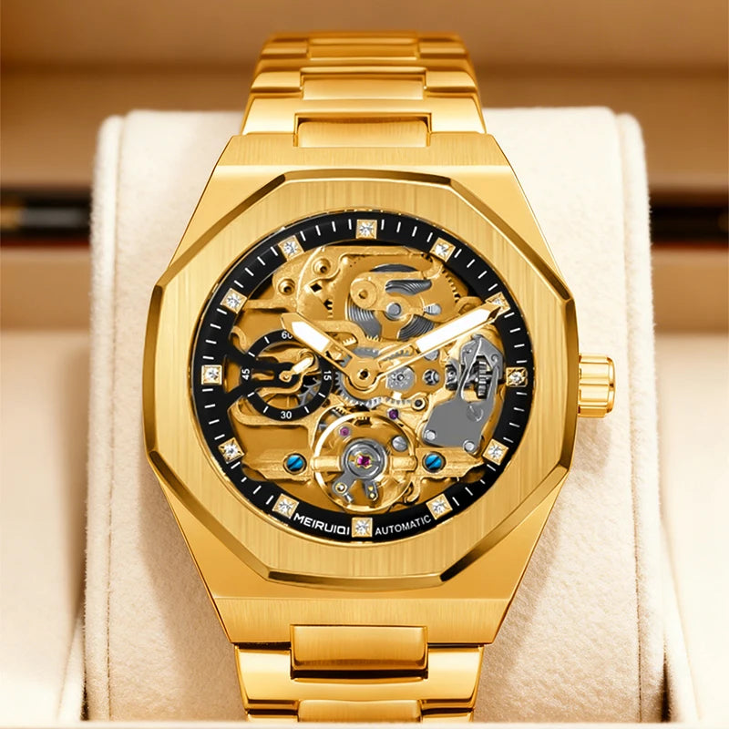 A men's yellow and black party style minimalist scale fully automatic hollow mechanical watch