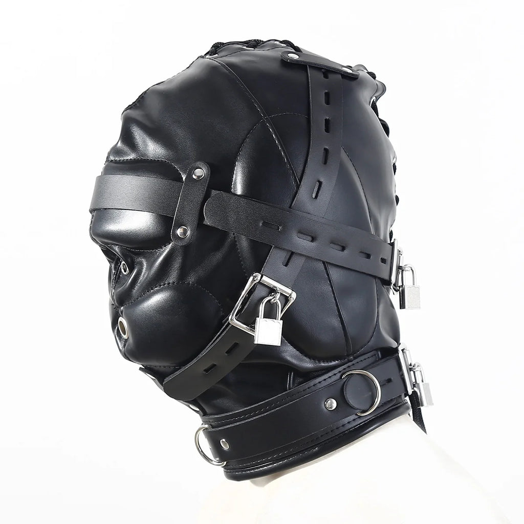 BDSM Adult Cosplay Games PU Leather Black Mask Hood Halloween Party Bondage Face Cover Sexy Fetish Full Head Hood With Lock