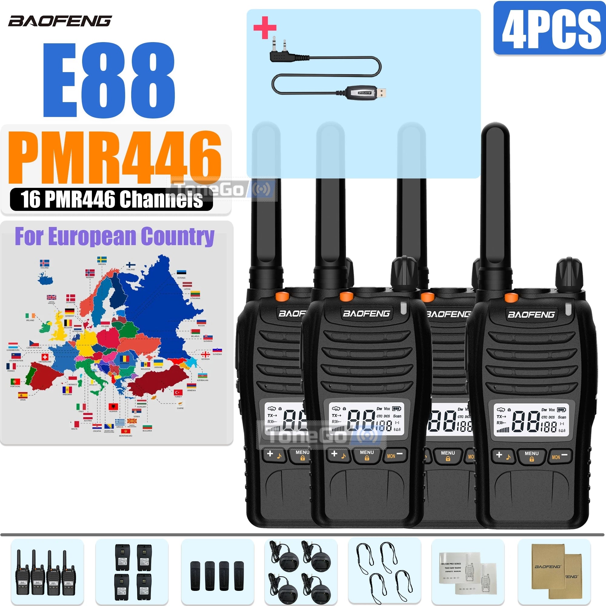 2/4Pcs Baofeng Mini Walkie Talkie E88 PMR446 BF-E88 VOX 16 Channels 155 Sub-Codes Channel Scan Portable Ham Radio For Hunting