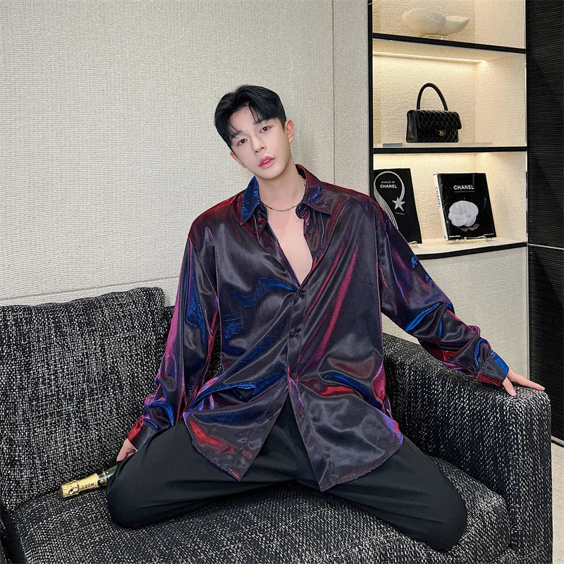 Fashion Future Sense Liquid Metal Polarized Light Shiny Long Sleeve Shirt Men Night Club Elegant Casual Shirts Stage Costume