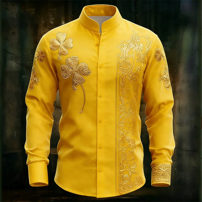 New men's long sleeved shirt with gold clover rack print, fashionable and luxurious long sleeved shirt top