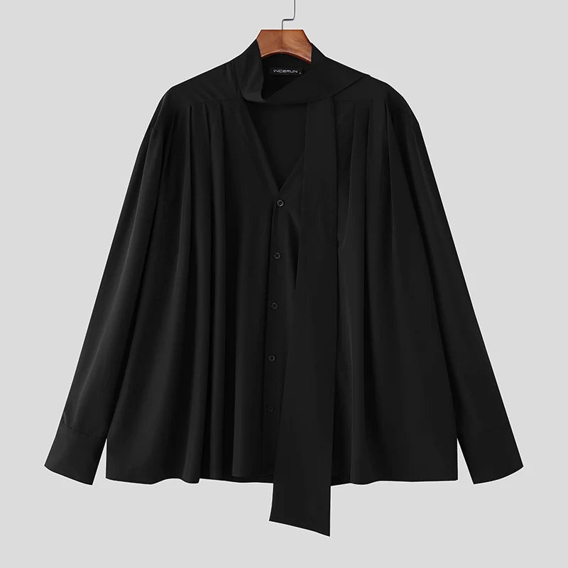 INCERUN Men Shirt Solid V Neck Long Sleeve Pleated Loose Men Clothing Streetwear Korean Style Fashion Casual Tops Male Shirts