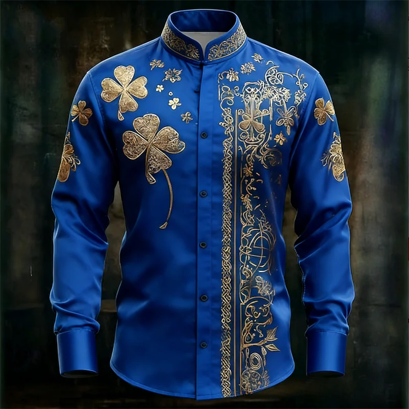 New men's long sleeved shirt with gold clover rack print, fashionable and luxurious long sleeved shirt top