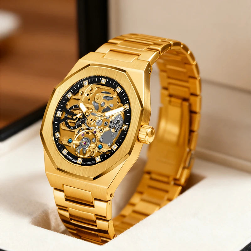 A men's yellow and black party style minimalist scale fully automatic hollow mechanical watch