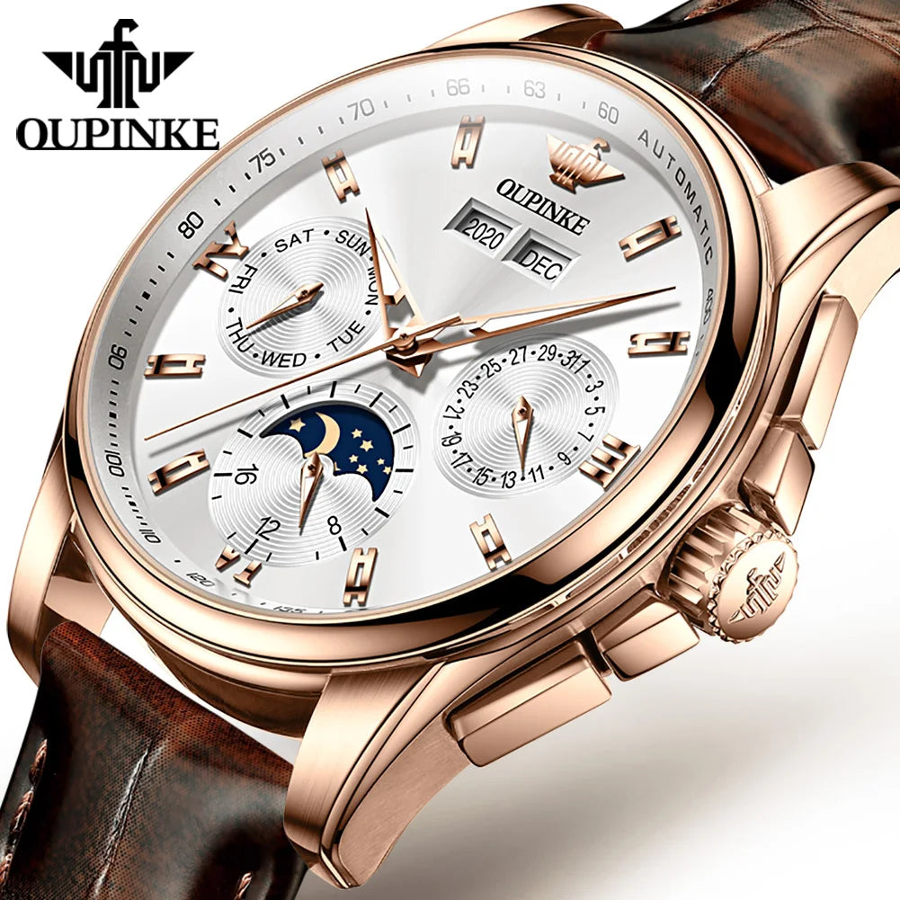 OUPINKE 3189 Automatic Watch for Men Genuine Leather Strap Waterproof Moon Phase Man Watches Luxury Men's Mechanical Wristwatch
