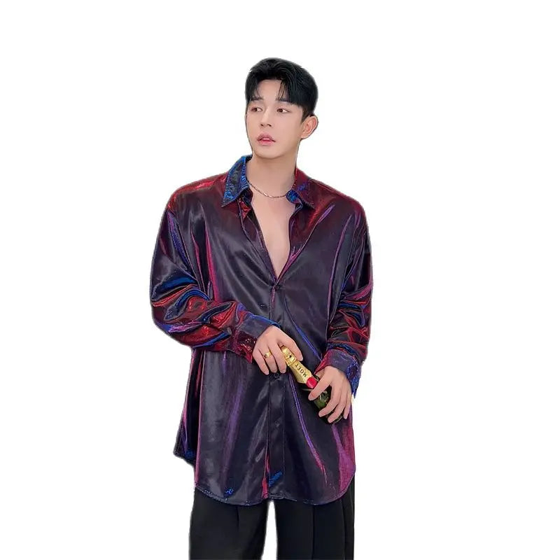 Fashion Future Sense Liquid Metal Polarized Light Shiny Long Sleeve Shirt Men Night Club Elegant Casual Shirts Stage Costume