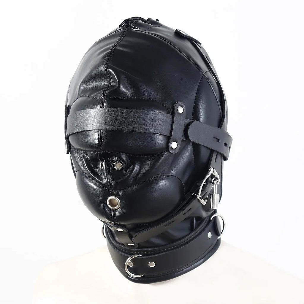 BDSM Adult Cosplay Games PU Leather Black Mask Hood Halloween Party Bondage Face Cover Sexy Fetish Full Head Hood With Lock