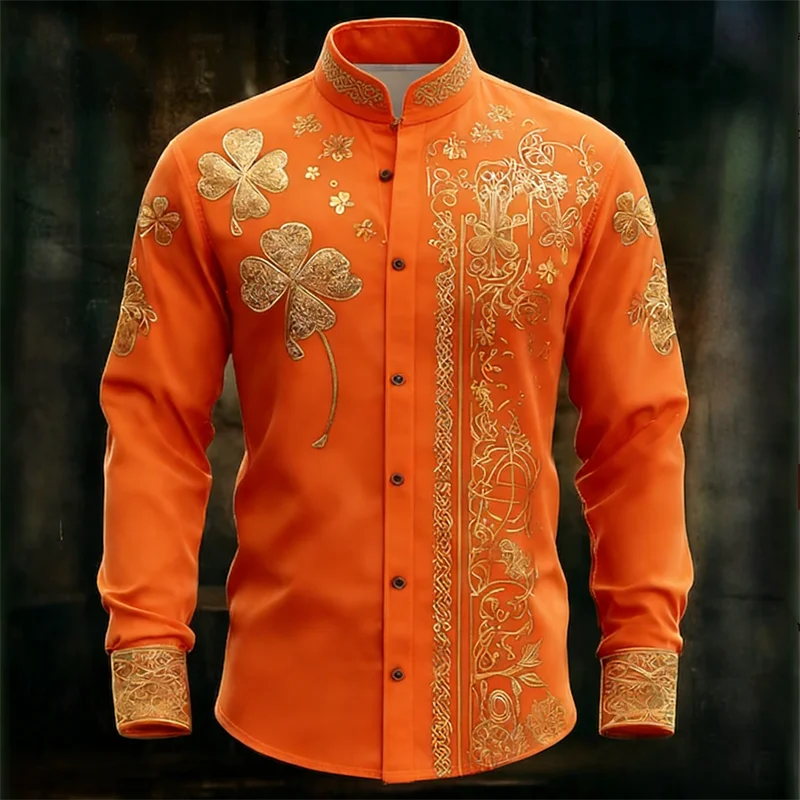 New men's long sleeved shirt with gold clover rack print, fashionable and luxurious long sleeved shirt top