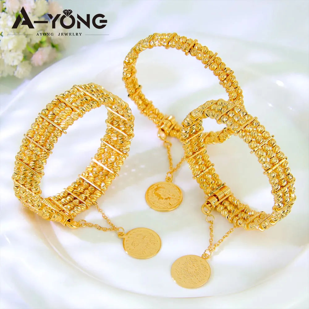 Arabic Fashion Beads Bracelet 24k Gold Plated Ethiopia Bridal Wedding Cuff Bangles Oman Muslim Women Vintage Jewelry