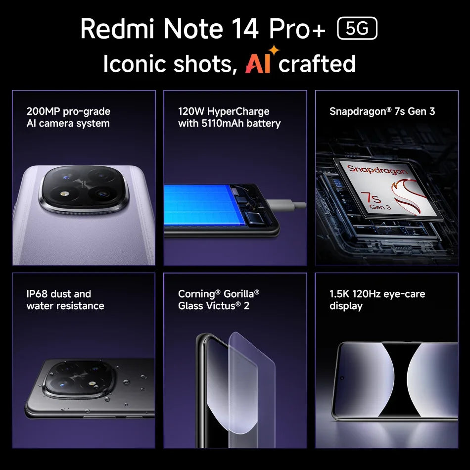 Xiaomi Redmi Note 14 Pro+ Plus 5G Global Version Cell Phone 200MP AI Camera Snapdragon 7s Gen 3 120W HyperCharge 1.5K 120Hz IP68