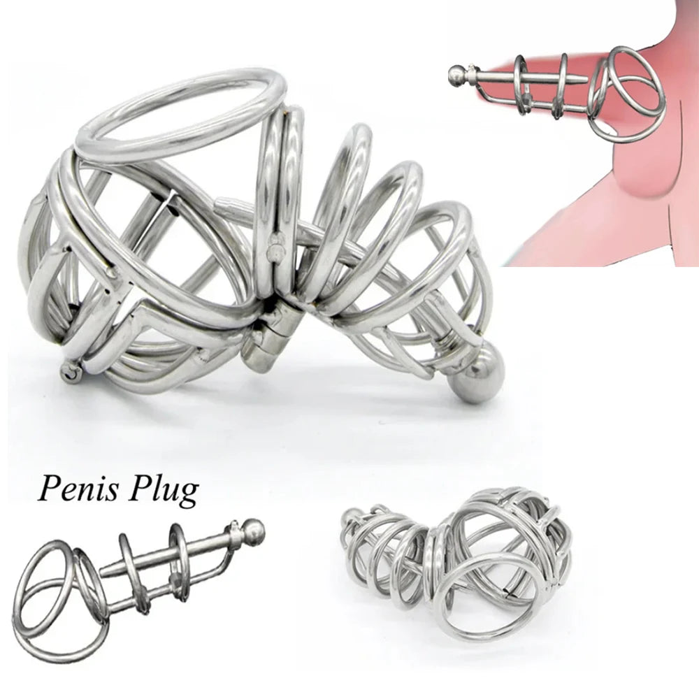 Stainless Steel Male Chastity Device with Urethra Tube Chastity Belt Cock Cage Lockable Virginity Penis Ring Penis Men A071