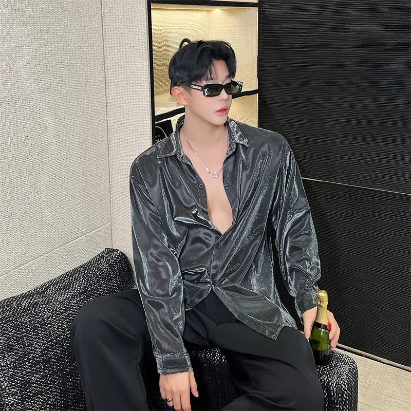 Fashion Future Sense Liquid Metal Polarized Light Shiny Long Sleeve Shirt Men Night Club Elegant Casual Shirts Stage Costume